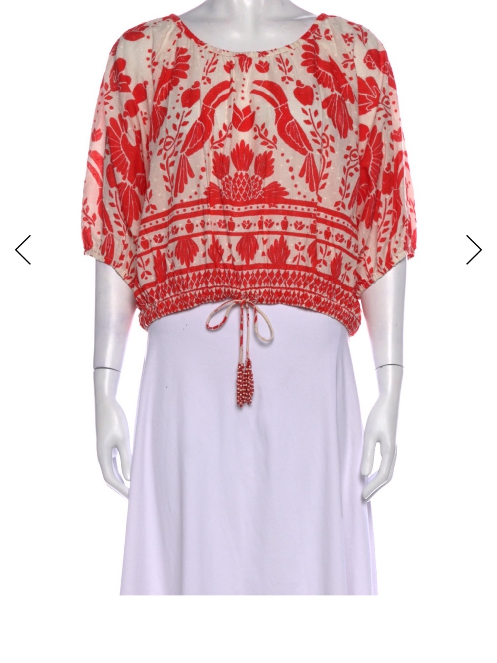 FARM Rio Red and Cream Embroidered Cropped Peasant Top EUC